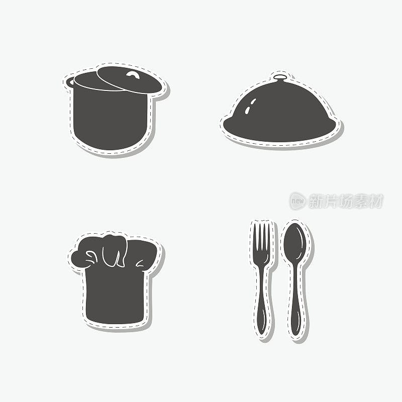Set of hand drawn stickers with chef hat, stock pot, cloche, spoon and fork. Templates for design or brand identity